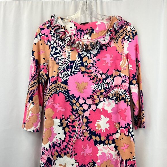 Talbots Floral Shift Dress Ruffle Neck 3/4 Sleeve Multicolor Size SP - Picture 2 of 8